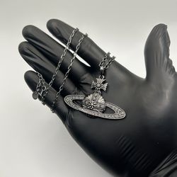 VW Style Large Orb Pendant Necklace Silver Gothic Designer Style Statement Chain