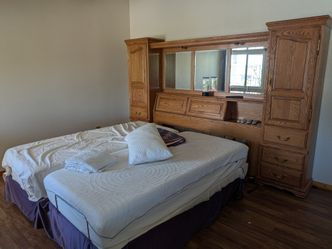 twin bed and headboard cabinet set