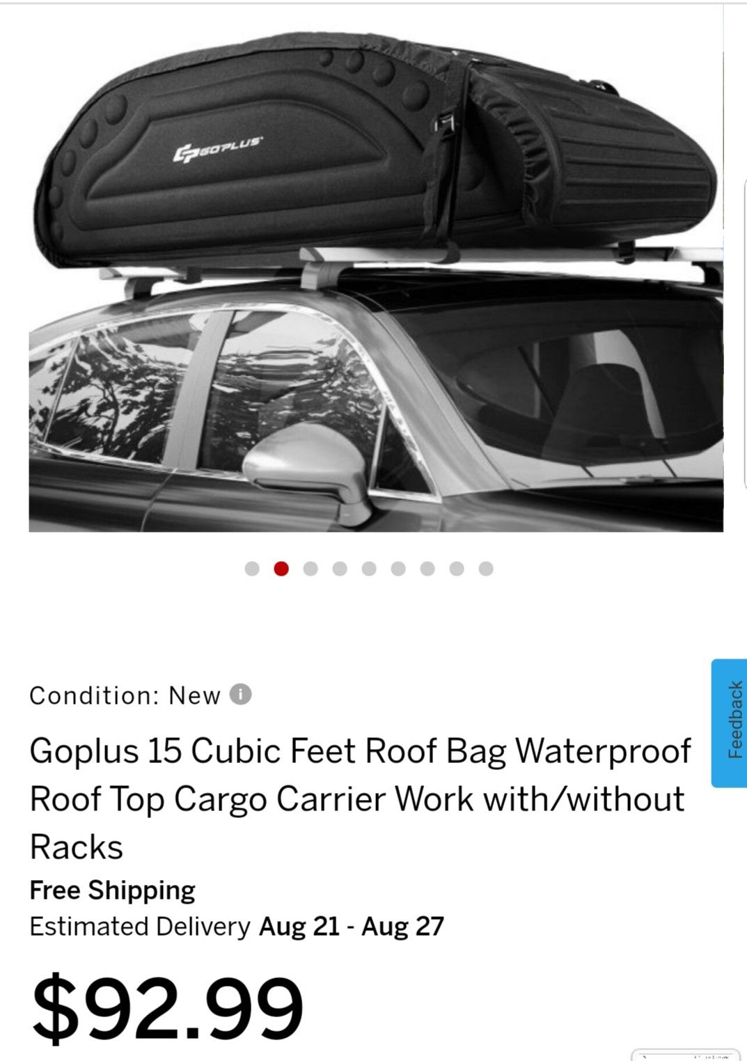 Goplus 15 Cubic Feet Roof Bag Waterproof Roof Top Cargo Carrier Work with/without Racks