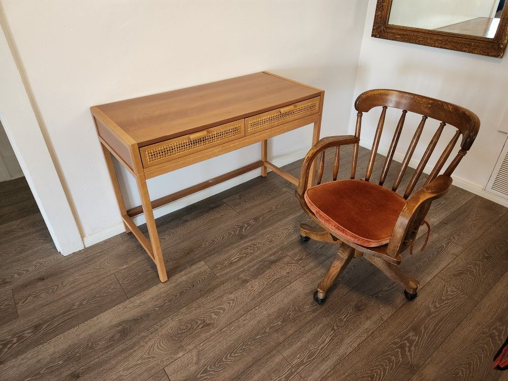 Wood Rattan Desk And Vintage Chair Boho