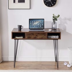 VECELO 39.3" Home Or Office Work Table with Drawers Computer Desk Writing/Study, 39 Inch Hairpin Legs, Retro Brown