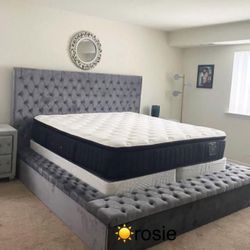 Solid Wood Tufted Velvet Gray Modern Platform Bed👑 New Brand 🆕 Bedroom ✌🏻 Color Options 🫵