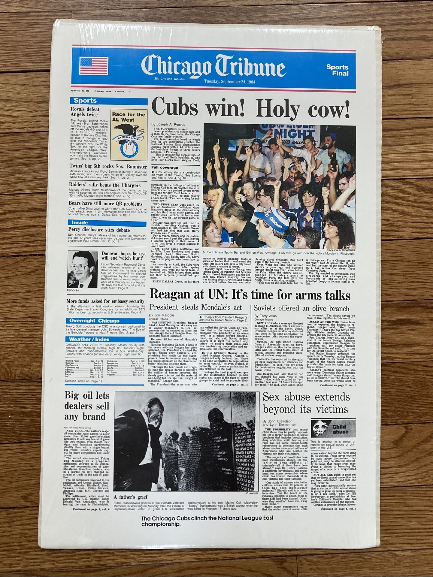 Chicago Cubs 1984 NL East Champions Chicago Tribune Laminated Front Page !