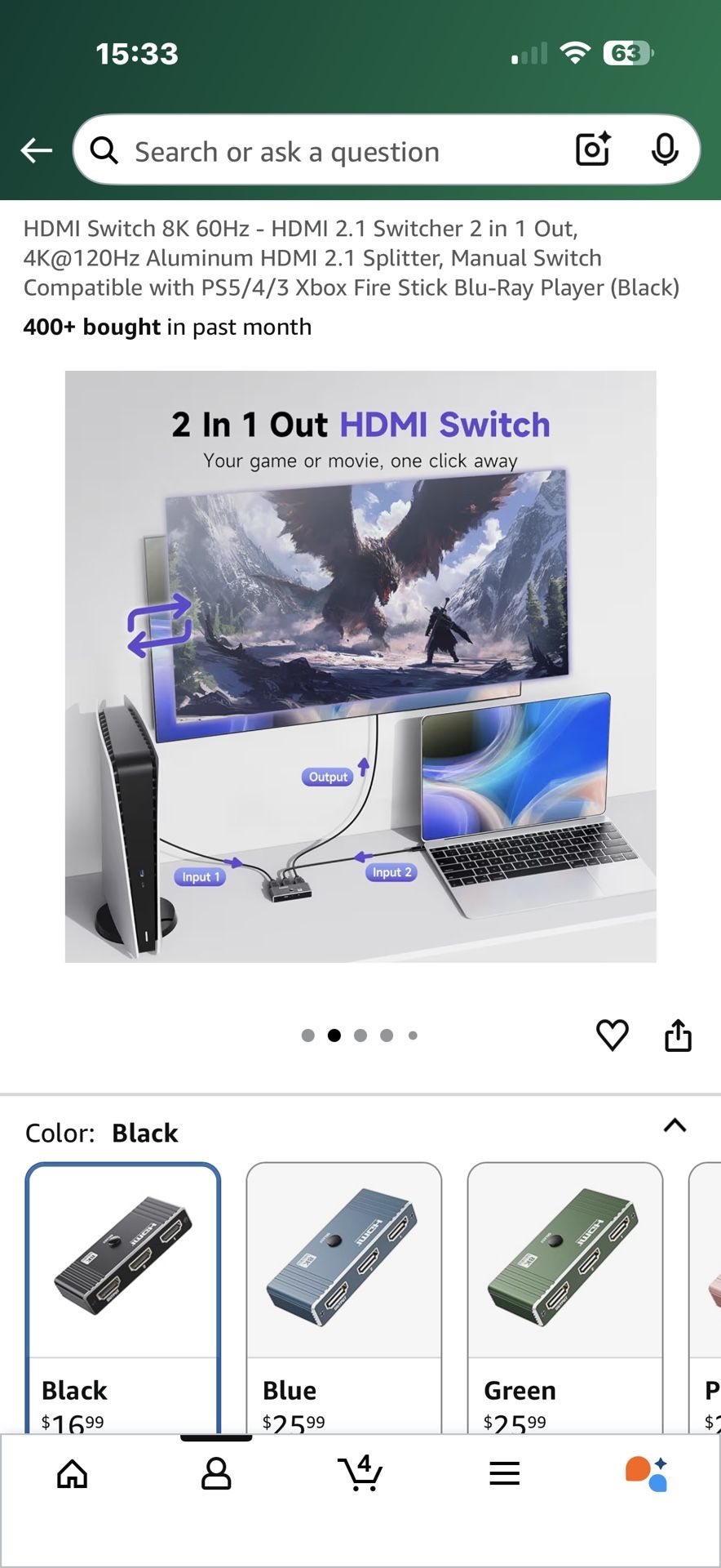 HDMI Switch 8K 60Hz - HDMI 2.1 Switcher 2 in 1 Out, 4K@120Hz Aluminum HDMI 2.1 Splitter, Manual Switch Compatible with PS5/4/3 Xbox Fire Stick Blu-Ray