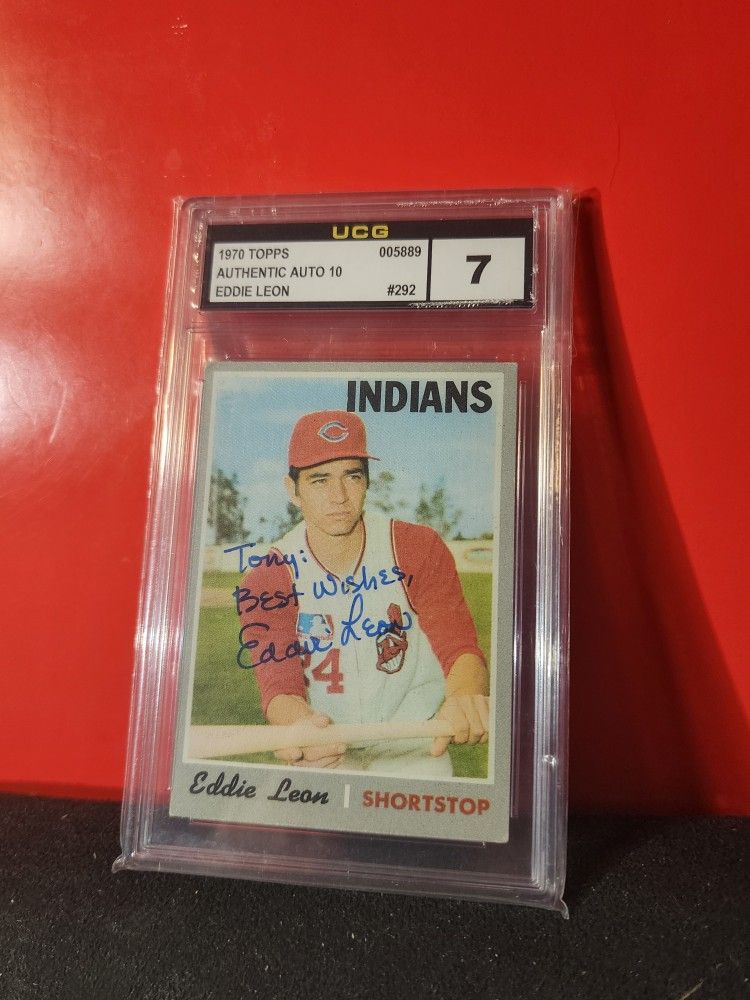 Eddie Leon Indians 1970 Topps baseball card #292 Autograph & Inscribed UCG 10/7