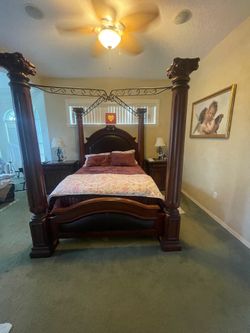 Queen 4-Poster Canopy Bed with 2 Matching Nightstands – Cherry Finish