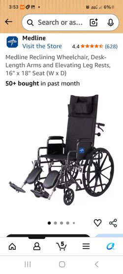 Reclining Wheelchair - Padded Detachable Desk Length Arms - 300 Pound Weight Capacity - Elevating Leg Rest, 18 x 16 inch Seat