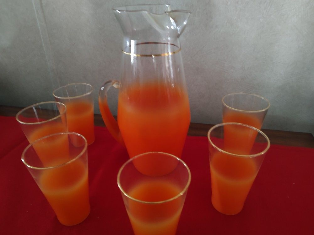 Frosted Orange Glass Pitcher With Glasses.
