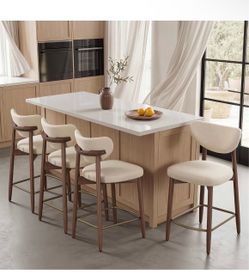 Wooden Bar Stools Set of 4, Synthetic Leather, Ink Black Mid Century Modern, Synthetic Leather, Solid Wood Legs, Ergonomic Backrest, Ink Black, MAZIE