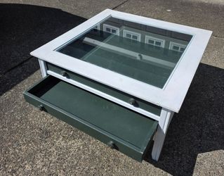 Wood Coffee Table with Glass Top and Drawers
