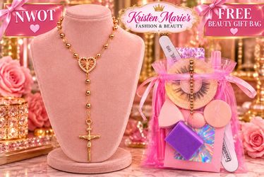 NWOT Gold Tone Rosary Necklace w rhinestone heart, crucifix & FREE BEAUTY GIFT BAG