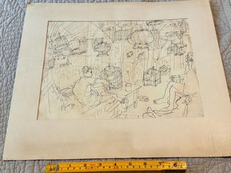 Vintage 60s Pen and Ink Bird Market Sketch on Paper