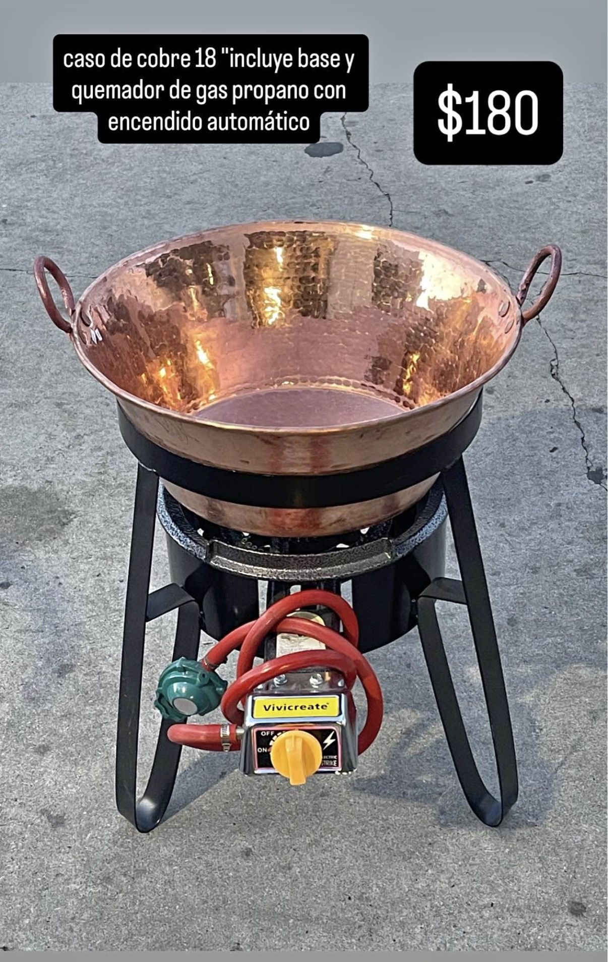 caso de cobre para carnitas, codornices, chicharrones etc. de 18"incluye base y quemador