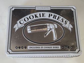 Y2K Williams Sonoma Silver Metal Cookie Press Tin with 18 Disks