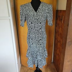 Women's Vintage 1980s BGB Ltd Black & White Ruffled Hem Dress Sz 8 Buttons