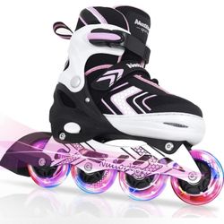 🛼Nattork Inline Skates for Girls and Boys with Full Light Up Wheels, Adjustable Beginner Blades Roller Skates for Kids Youth Purple Pink