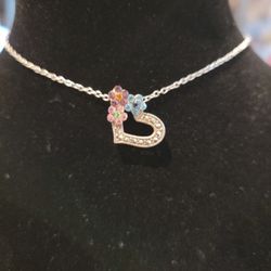 Sterling Silver Open Heart Marcasite Rhinestone Pendant 3/4" Necklace F8