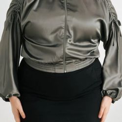 Plus Size Satin Ruched Sleeve Bomber Jacket-Olive Size 1x/2x/3x