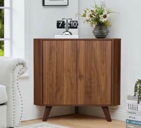 Brown Wood Triangular Corner Cabinet, 2 Doors, 2 Adjustable Shelves, 24.8"