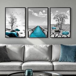 Framed Turquoise Wall Art for Living Room, Large 3 