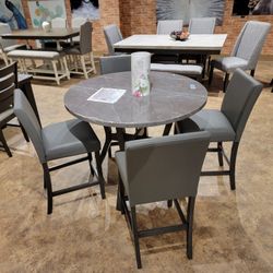 Dining Set 5 Pv Counter Height Grey Faux Marble Top, Brushed Grey Base, Grey Faux Leather, Wood, Others. 45"dia x36"h. New Especial Price