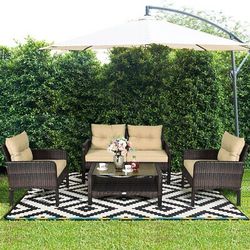 Patiojoy 4PCS Rattan Furniture Loveseat Sofa Couch Set w/ Cushion Coffee Table