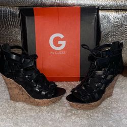 Guess wedges black leather corg style wedge
