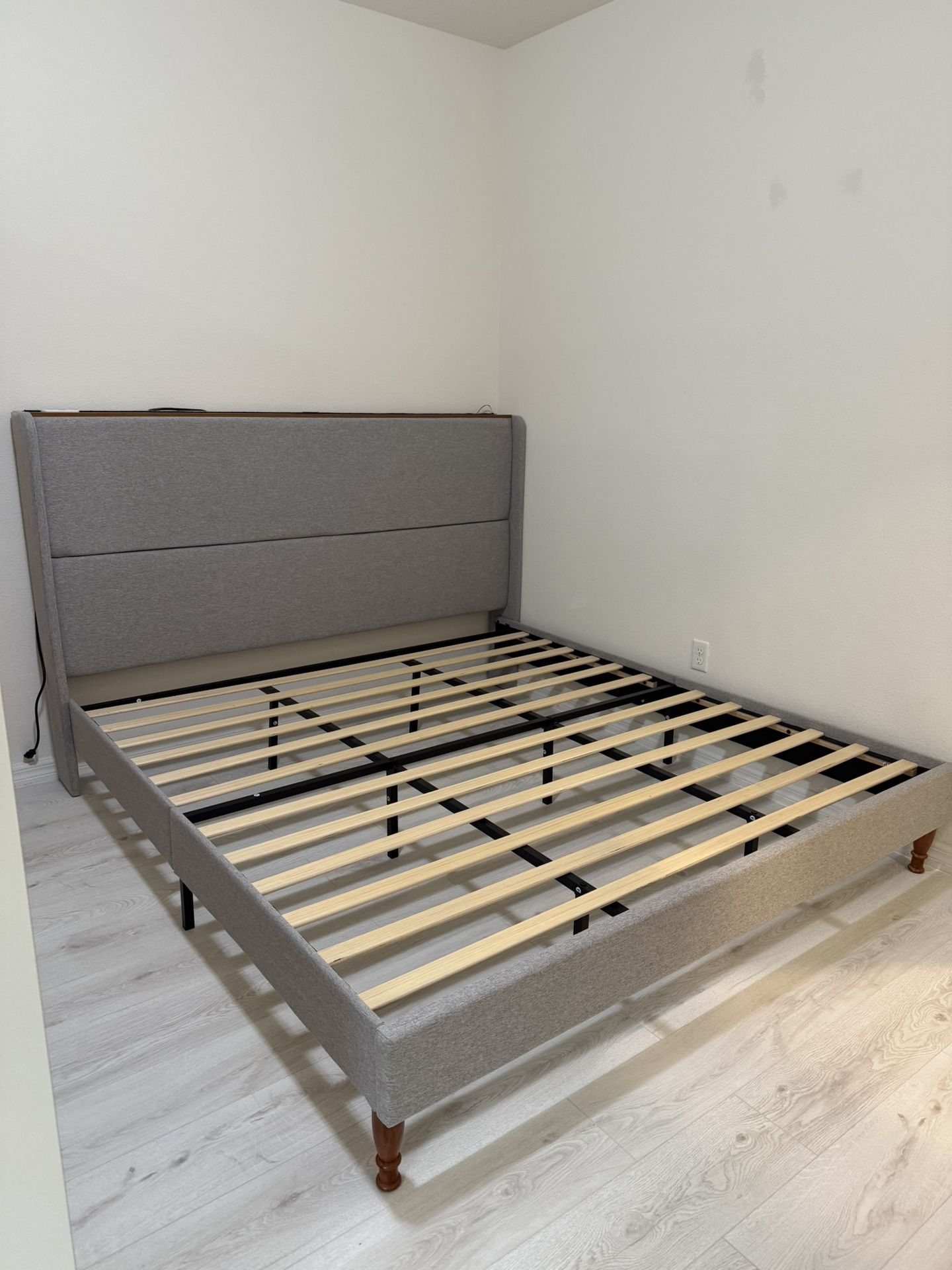 King Size Bed Frame with LED Lights and Charging Station Linen Upholstered Platform Bed Frame with 51.2" Tall Wingback Headboard and Storage Shelf, No