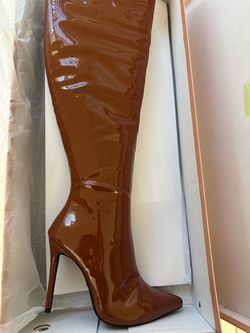 Brown Patent Leather Thigh-High Stiletto Boots