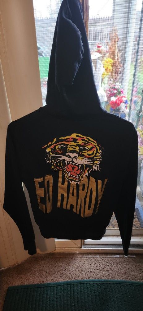 Ed Hardy Womens Black Zip Up Hoodie Jacket Size M 5 Fits Small