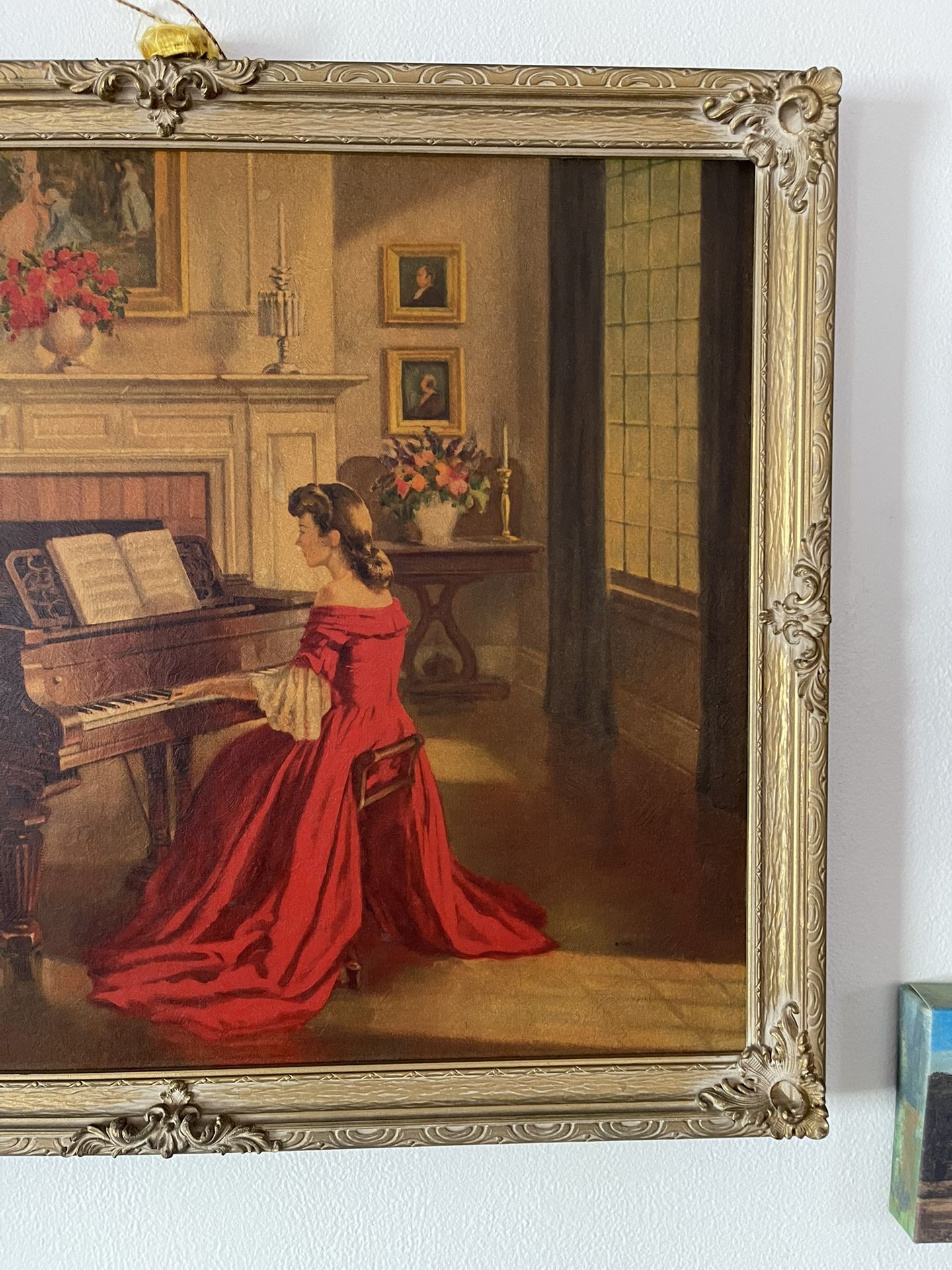 Antique Framed Wall Hanging Sonata TMCO Lithograph, of Painting By M. Ditlef Sonata Lady In Red Dress