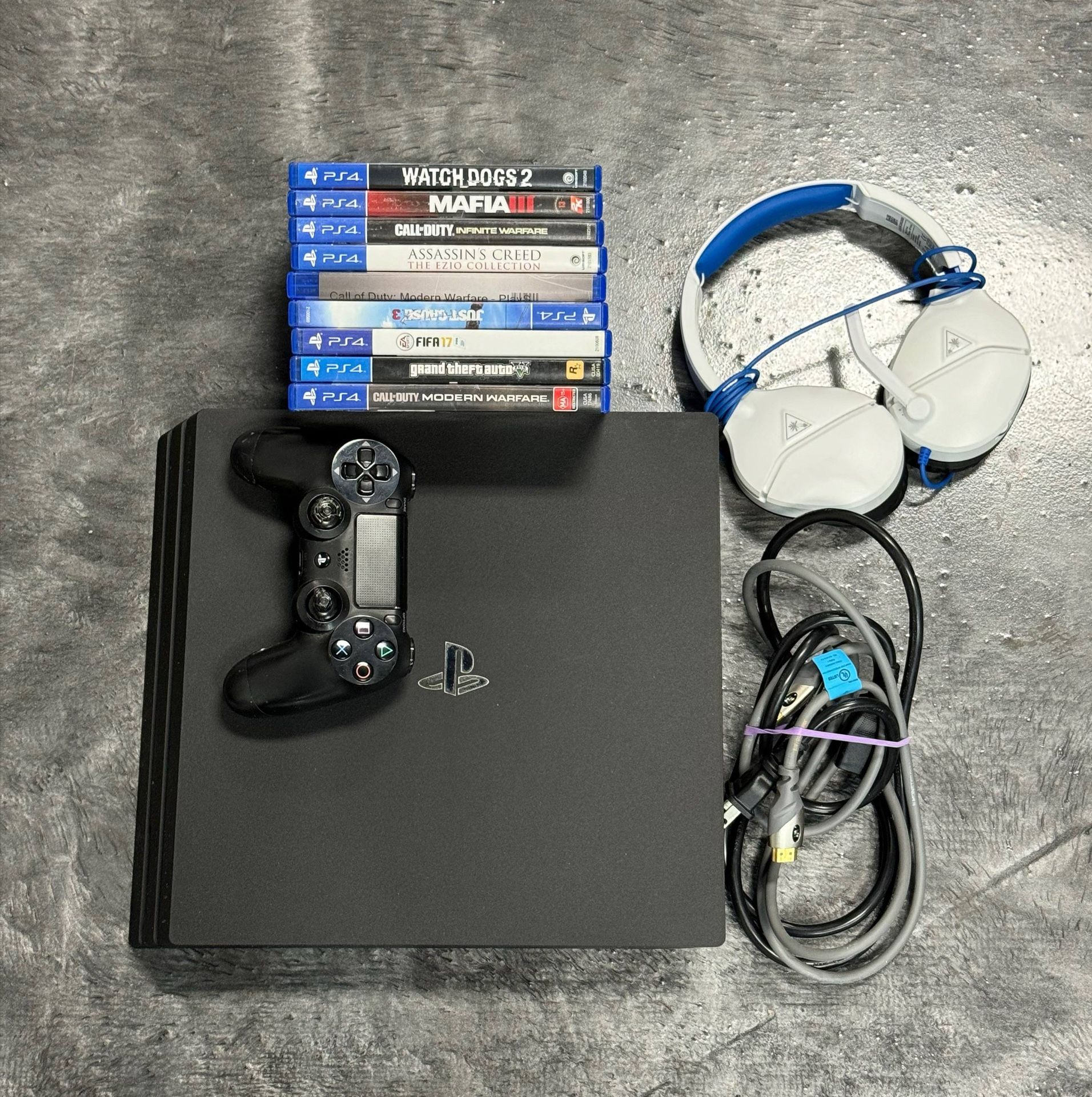 Sony PLAYSTATION 4 PRO CUH-7015B w/ Cords Controller & 9 Games Turtle Beach Headset FIFA17 GTA Call of Duty