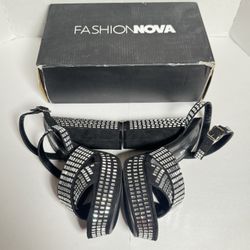 Pre Owned Excellent With Box Fashion Nova  Eileen  Rhinestones All Over  Platform Heels  Black  Women Size 6.5
