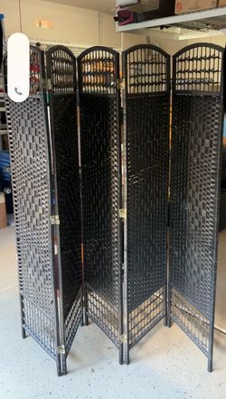 6-Panel Woven Wicker Room Divider – Black/Espresso Privacy Screen