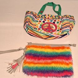 Girls Accessories Bundle Rainbow Striped Tote Bag Pencil Pouch Or Cosmetic Bag 😍