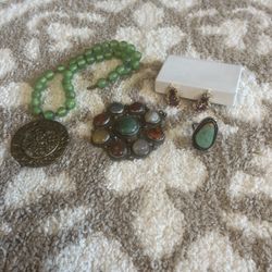 Pretty Jade Green Glass, Bead, Necklace, Nice Stone Pendant, Sterling, Silver Turquoise, Ring, Vintage, Gold Tone, Amethyst Clip On Earring