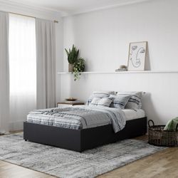 Upholstered Platform Bed for Raised Mattres Support with Underbed Storage Drawers, No Box Spring Needed, Queen, Black Faux Leather