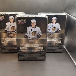 Sealed 2023-24 Upper Deck NHL Series Two Hockey Trading Card Tin (Lot of 3)