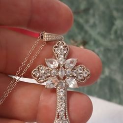 Goshenite Cross Pendant, Rhodium Over Sterling Silver