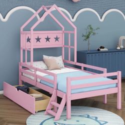 Wood Twin House Platform Bed with Guardrail and Storage Drawer for Kids