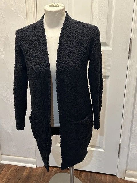 Merokeety Women’s Medium Black Chenille Chunky Textured Open Cardigan Pockets