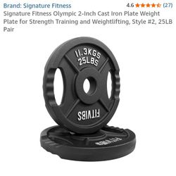 Signature Fitness Olympic 2-Inch Cast Iron Plate Weight Plate for Strength Training and Weightlifting, Style #2, 25LB Pair....NEW IN BOX