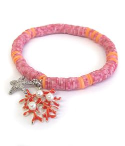 *SALE* Coastal Beach Stretch Bracelet CORAL PEARLS STARFISH Charms *See My Other 800 Items*