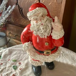 Vintage Christmas — Hand Painted Ceramic Santa — Mid Century — Spaghetti Trim — Dated 1958