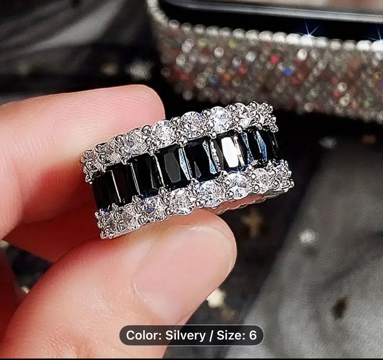 Gorgeous, Synthetic Black, Silver, And Crystal Barrel Ring