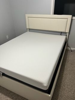 Queen Upholstered Bed Frame + Mattress with Storage and Charging Station - $500 OBO