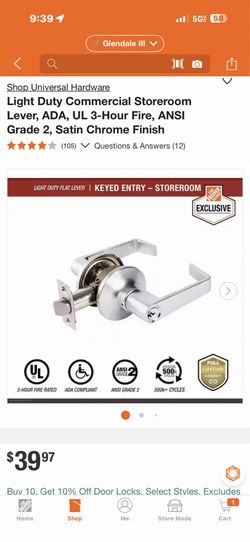Shop Universal Hardware Light Duty Commercial Storeroom Lever, ADA, UL 3-Hour Fire, ANSI Grade 2, Satin Chrome Finish