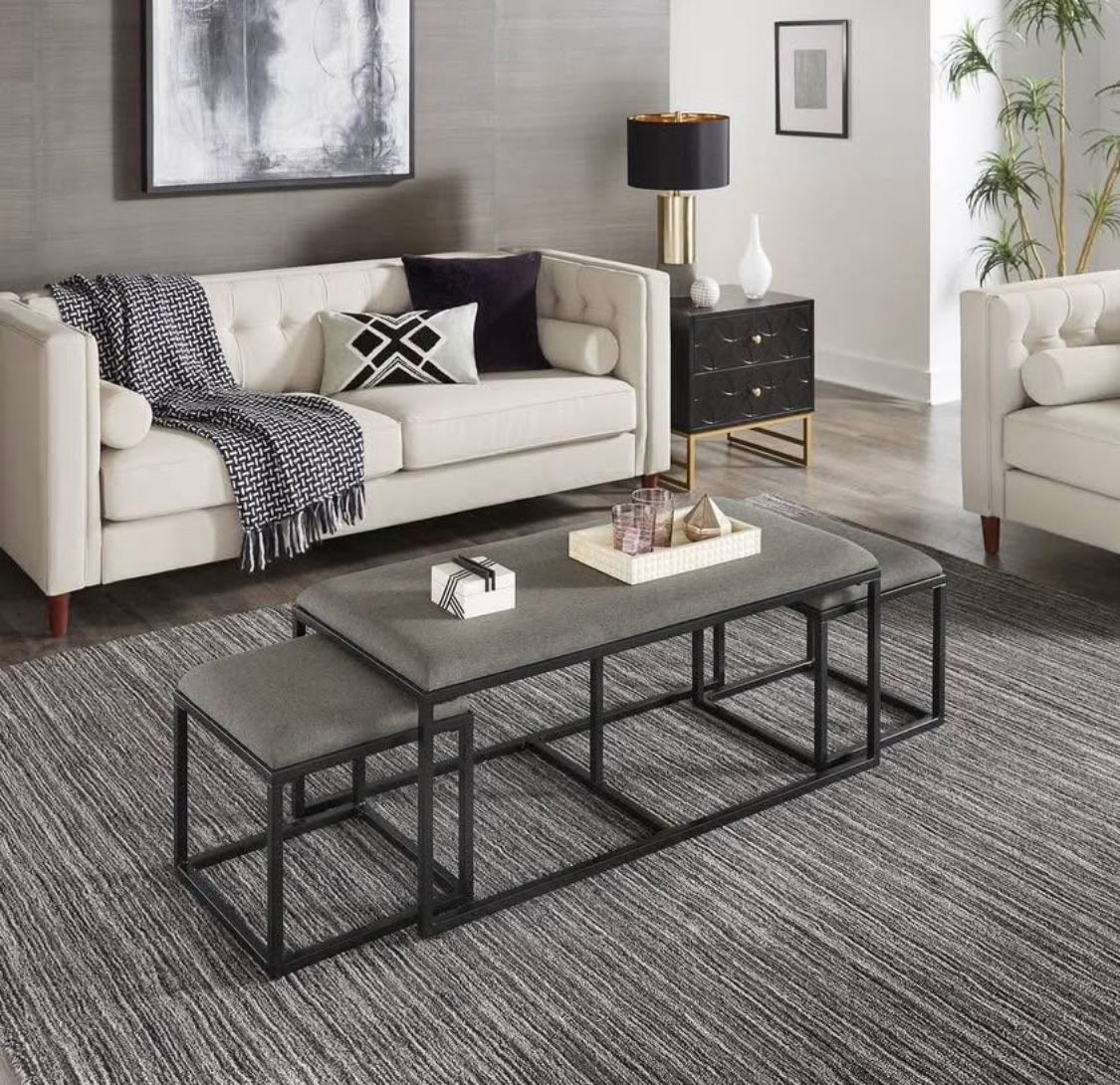New Coffee Table with Nesting Stools Grey and Black