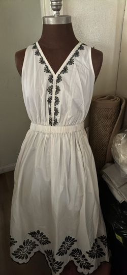 White Sleeveless Dress with Black Embroidery