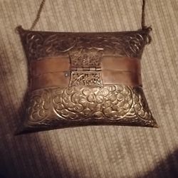 1930s Pillow Purse Copper & Brass With Blue Velvet Inside